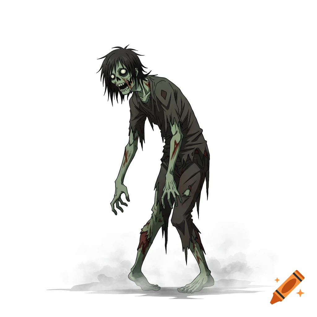 Anime style zombie with green skin and torn clothes walking with arms forward on a white background.