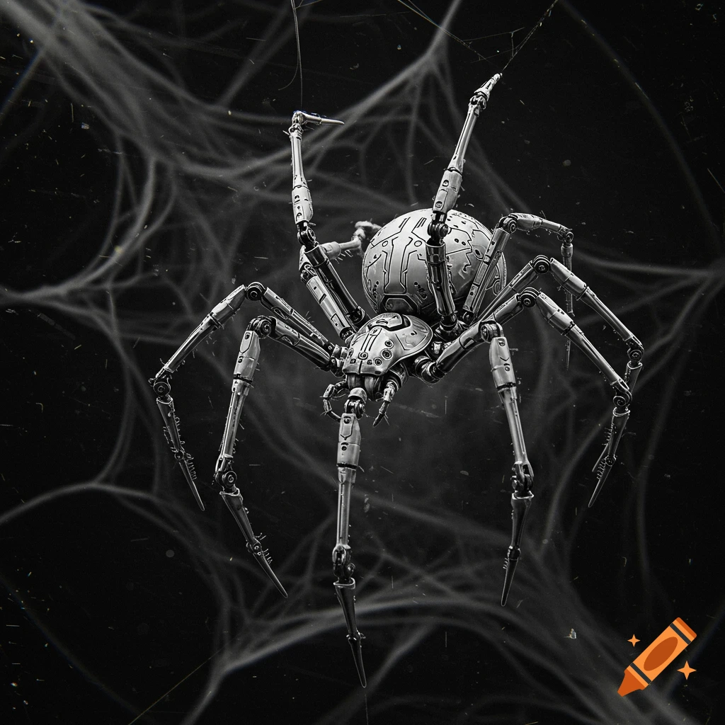 A detailed cybernetic spider with intricate metallic parts hangs in a wispy web against a dark background, in black and white.