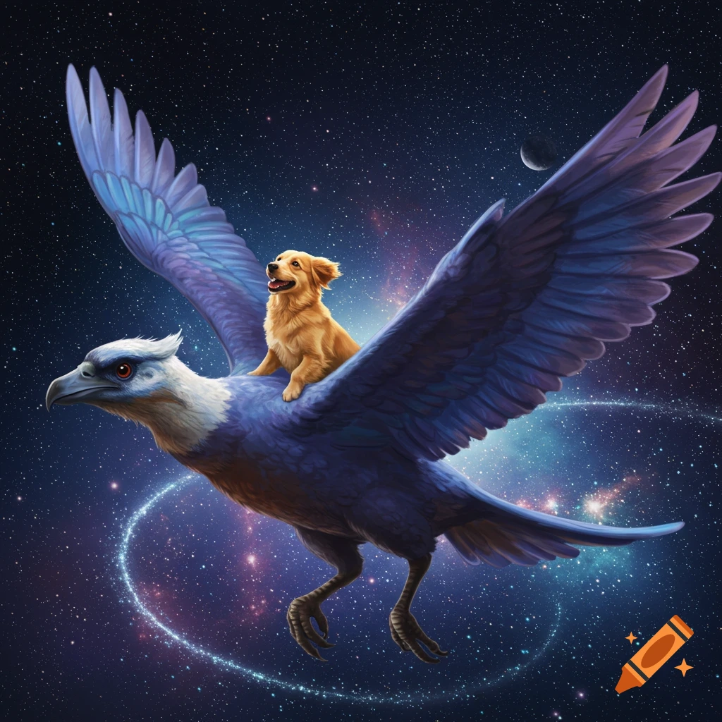A golden retriever puppy rides on the back of a large blue bird, soaring through a star-filled cosmic space with nebulae.
