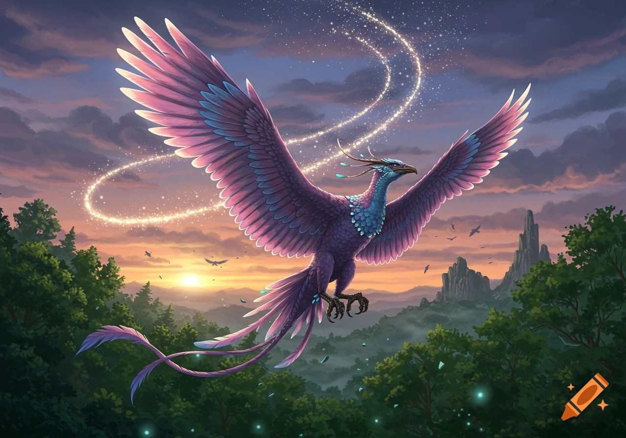 A majestic Ziz Saday, a large purple and pink bird with wide wings, soars over a mystical green landscape at sunset, leaving a sparkling trail.