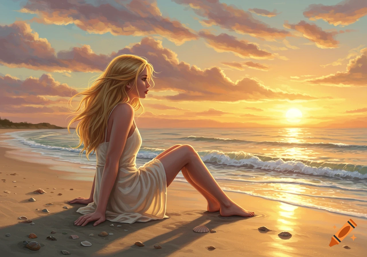 Digital painting of a blonde woman sitting on a sandy beach, looking out at the ocean during a vibrant sunset.