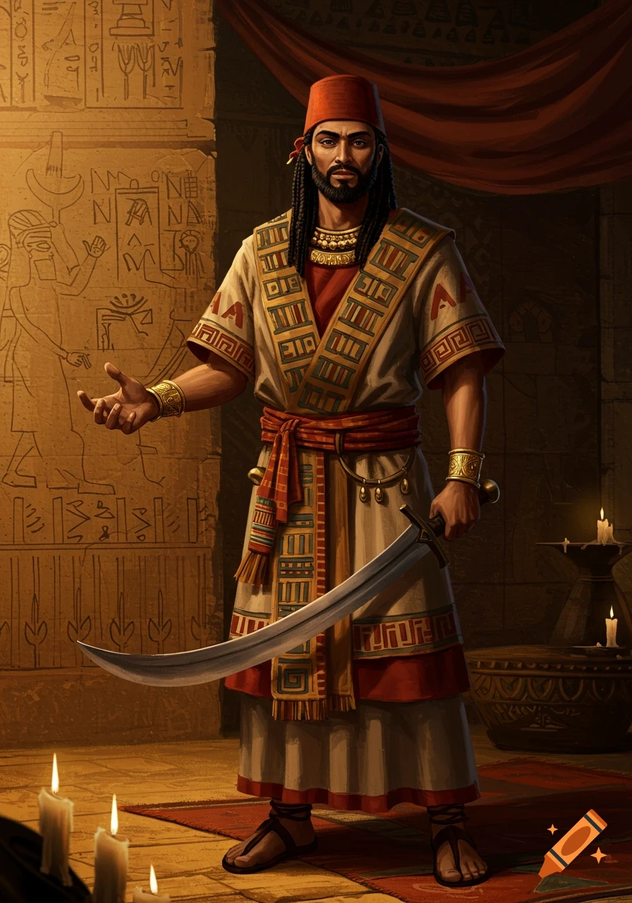 A regal man with dark hair and beard, wearing a red cap and ornate robes, holds a khopesh sword in an ancient chamber with hieroglyph-carved walls.