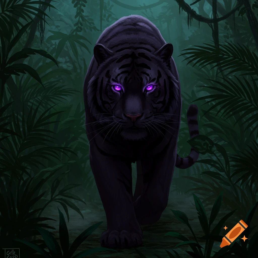 A majestic black tiger with glowing purple eyes walks through a dark, lush jungle.