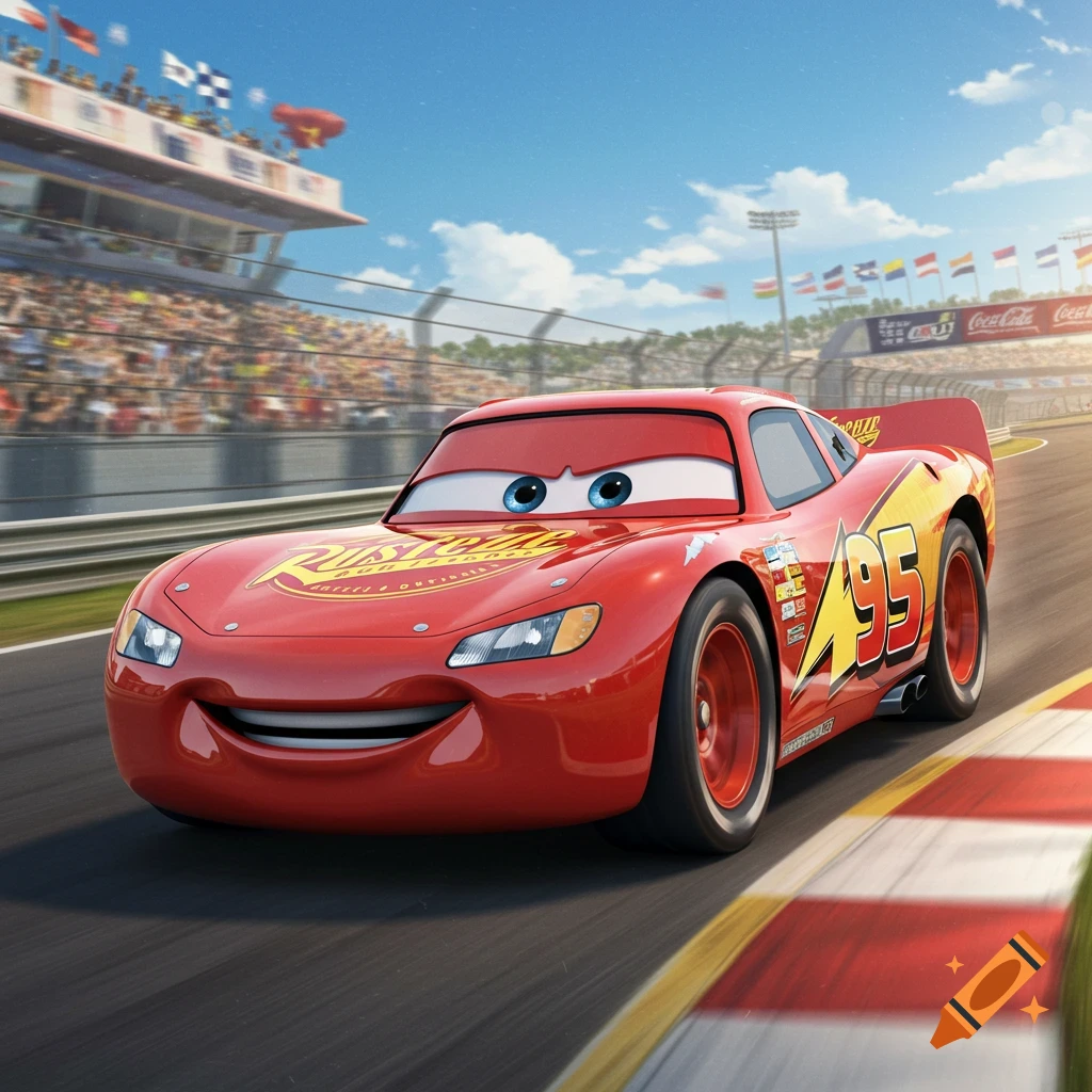 Lightning McQueen, a red animated race car, smiles on a track with a grandstand in the background.