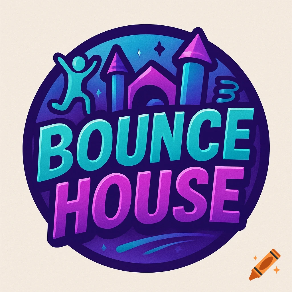 A vibrant purple and teal logo for Bounce House featuring a jumping person and castle silhouettes inside a circular design.