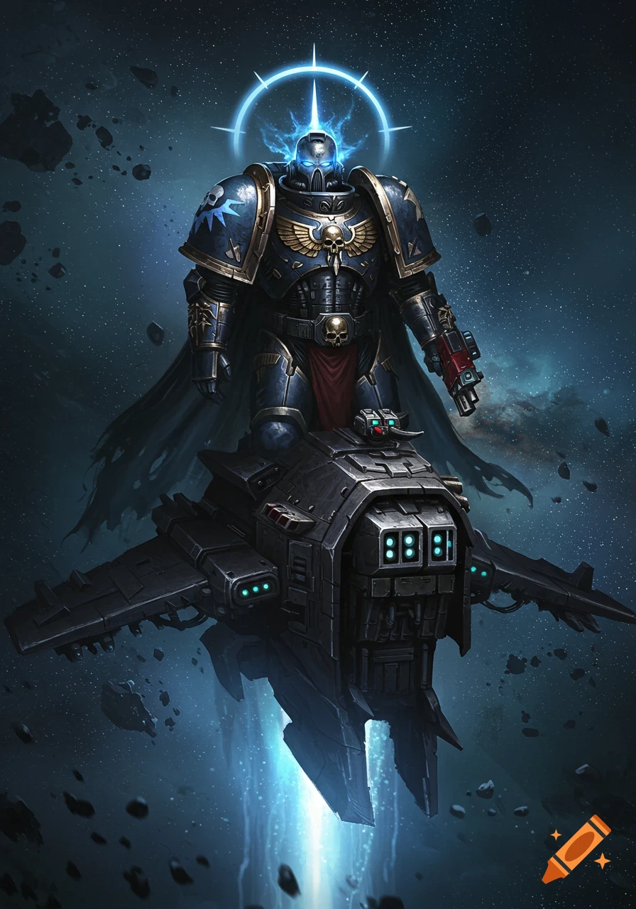 A heavily armored Space Marine stands atop a spaceship, glowing with blue energy, in the vastness of space amidst stars and nebulae.