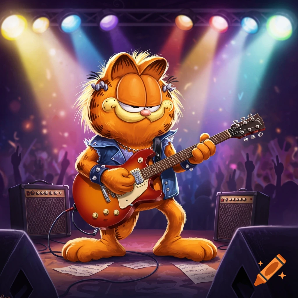 Garfield the cat in a punk outfit shreds an electric guitar on stage under colorful spotlights.