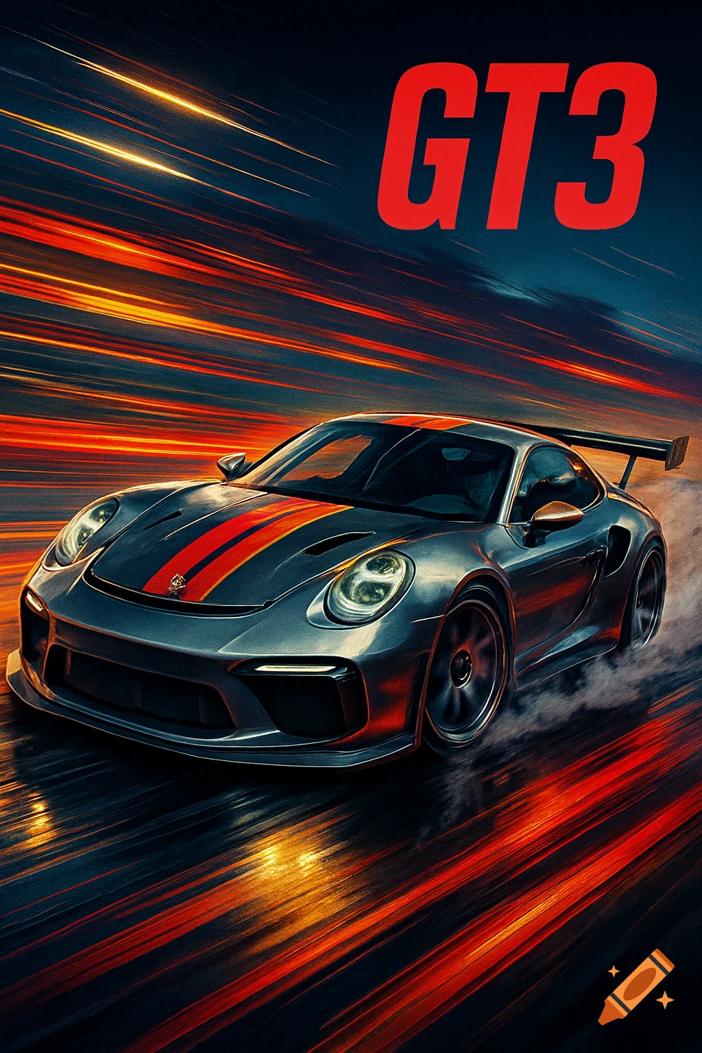 A silver Porsche GT3 sports car with red stripes speeds through a dark, streaky background of orange and red lights, with 'GT3' text at the top.