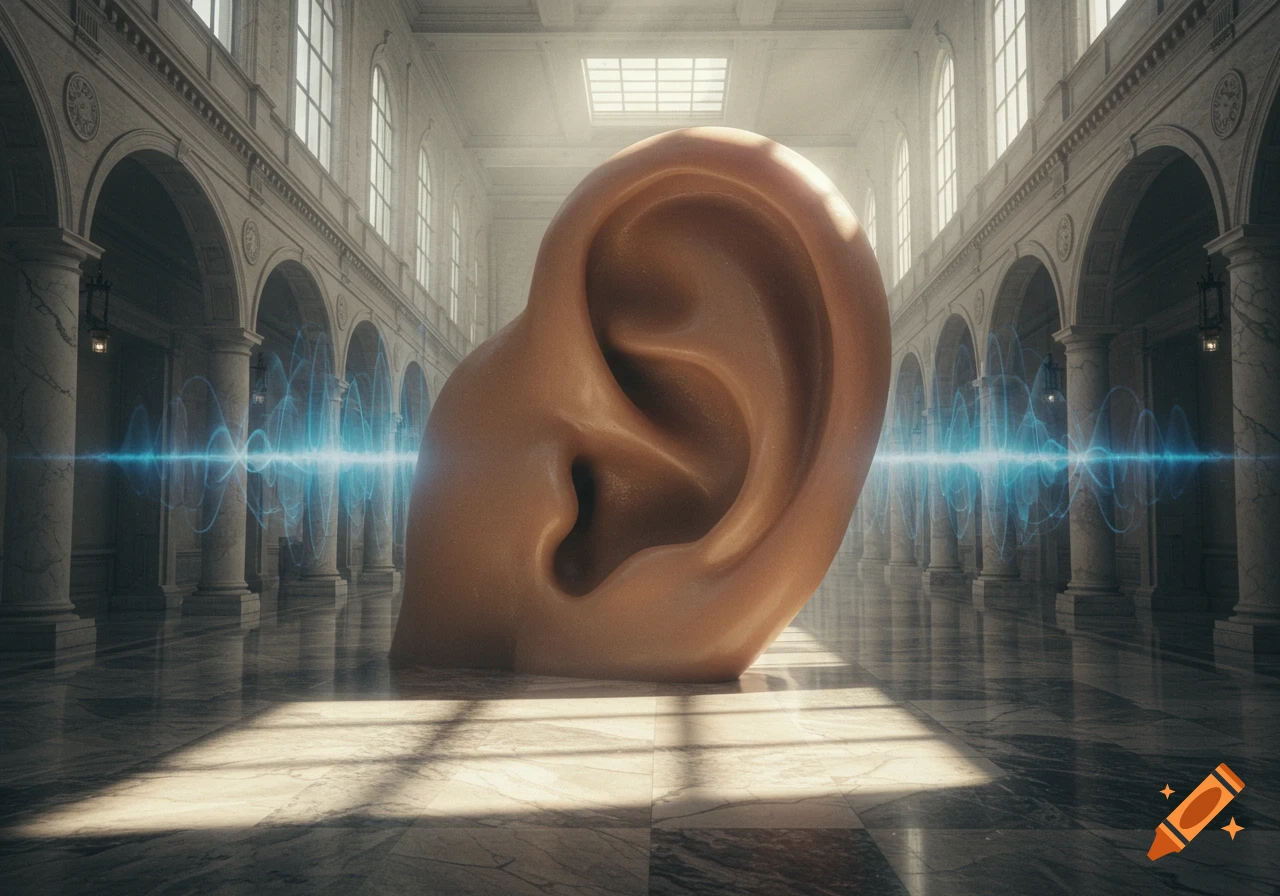 A giant human ear stands in a grand, ornate marble hall with pillars and windows, emitting glowing blue sound waves.