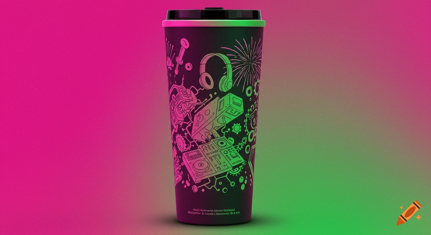 Black cup design with neon pink and green line art of DJ gear, headphones, fireworks, and engineering elements on a gradient background.