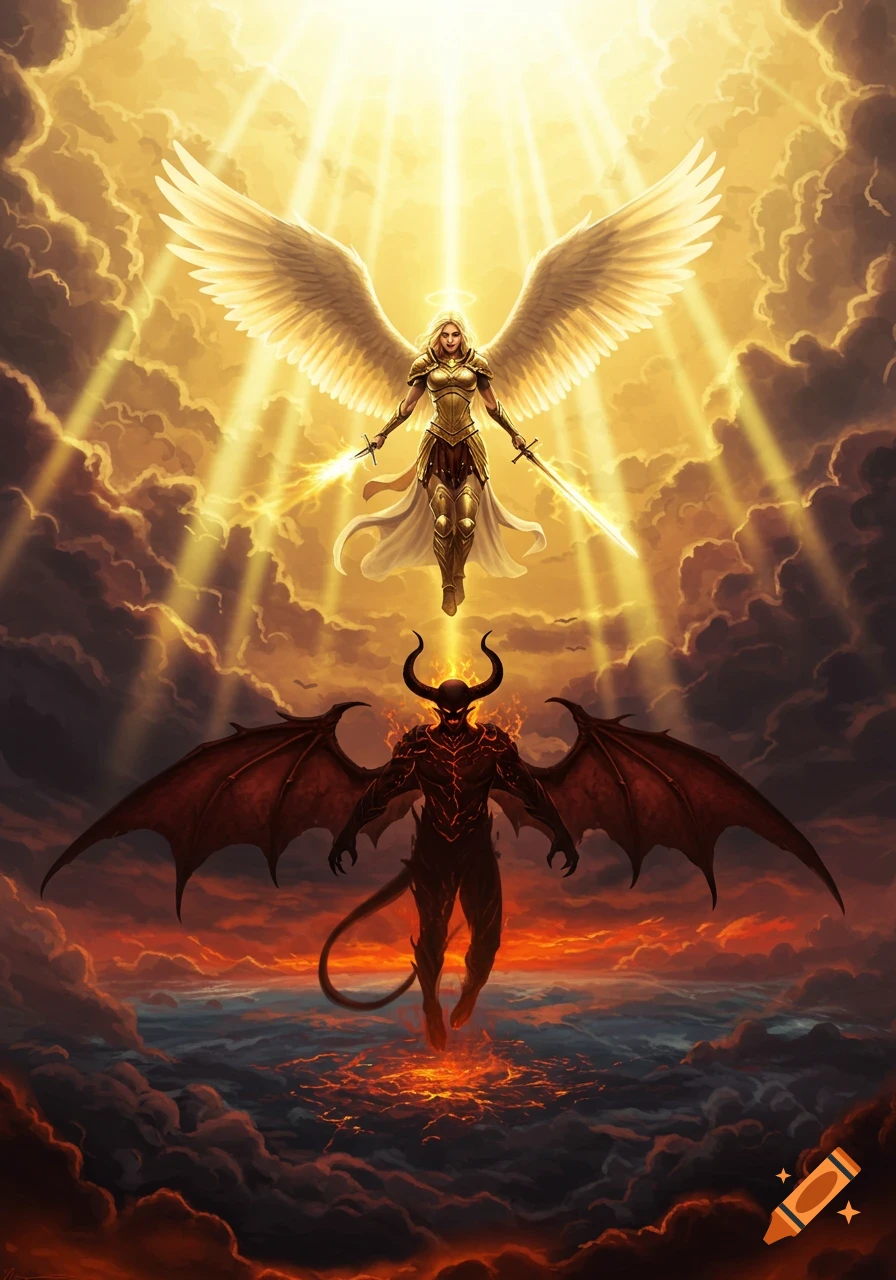 A golden armored angel with large white wings descends from rays of light, confronting a dark horned demon with red wings rising from fire. Digital art.