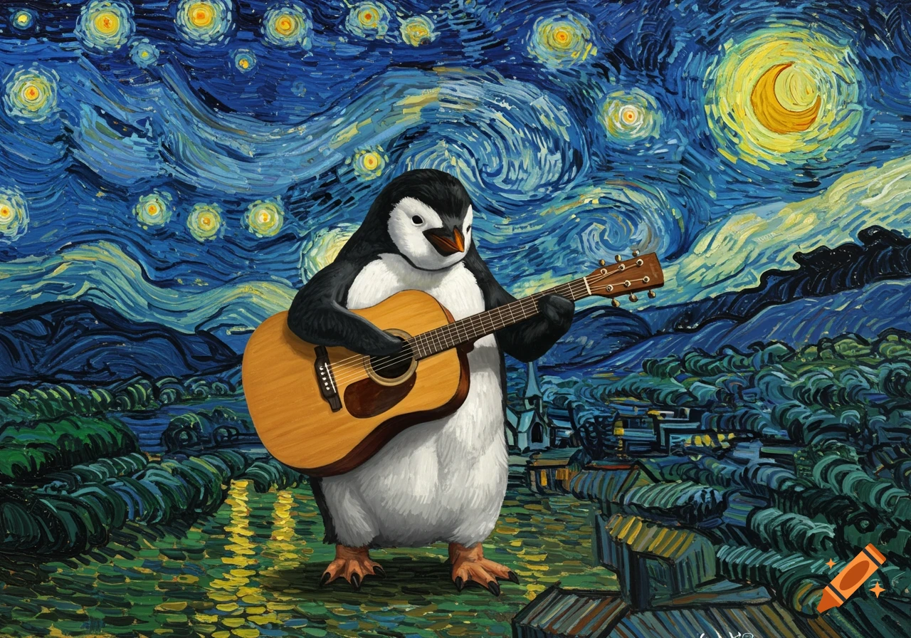 A penguin playing an acoustic guitar against a swirling, starry night landscape in the style of Van Gogh's The Starry Night.