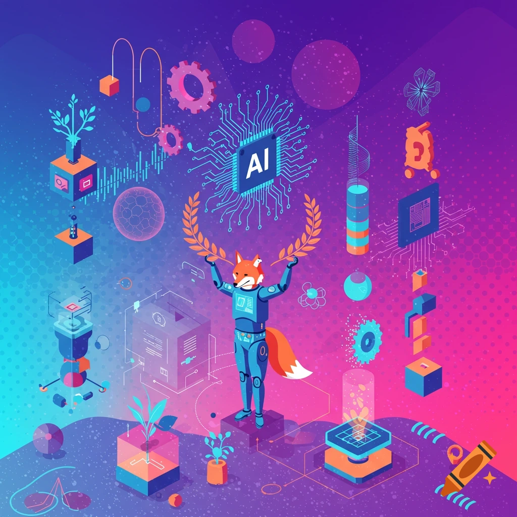 A vibrant, isometric pop art illustration shows a robot fox holding a laurel wreath, surrounded by floating AI and tech-themed geometric elements.