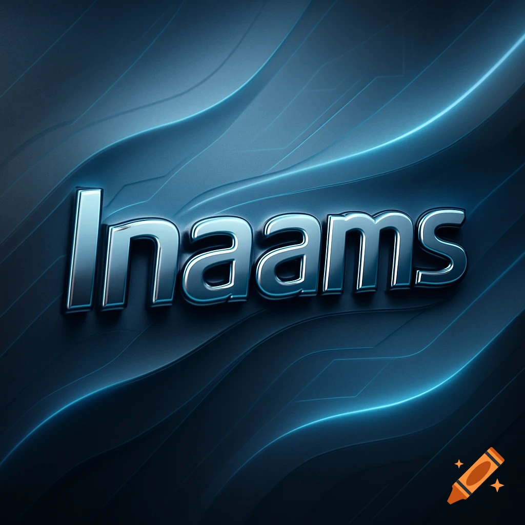 A shiny 3D metallic logo spells 'Inaams' over a dark blue, wavy, futuristic background with glowing lines.