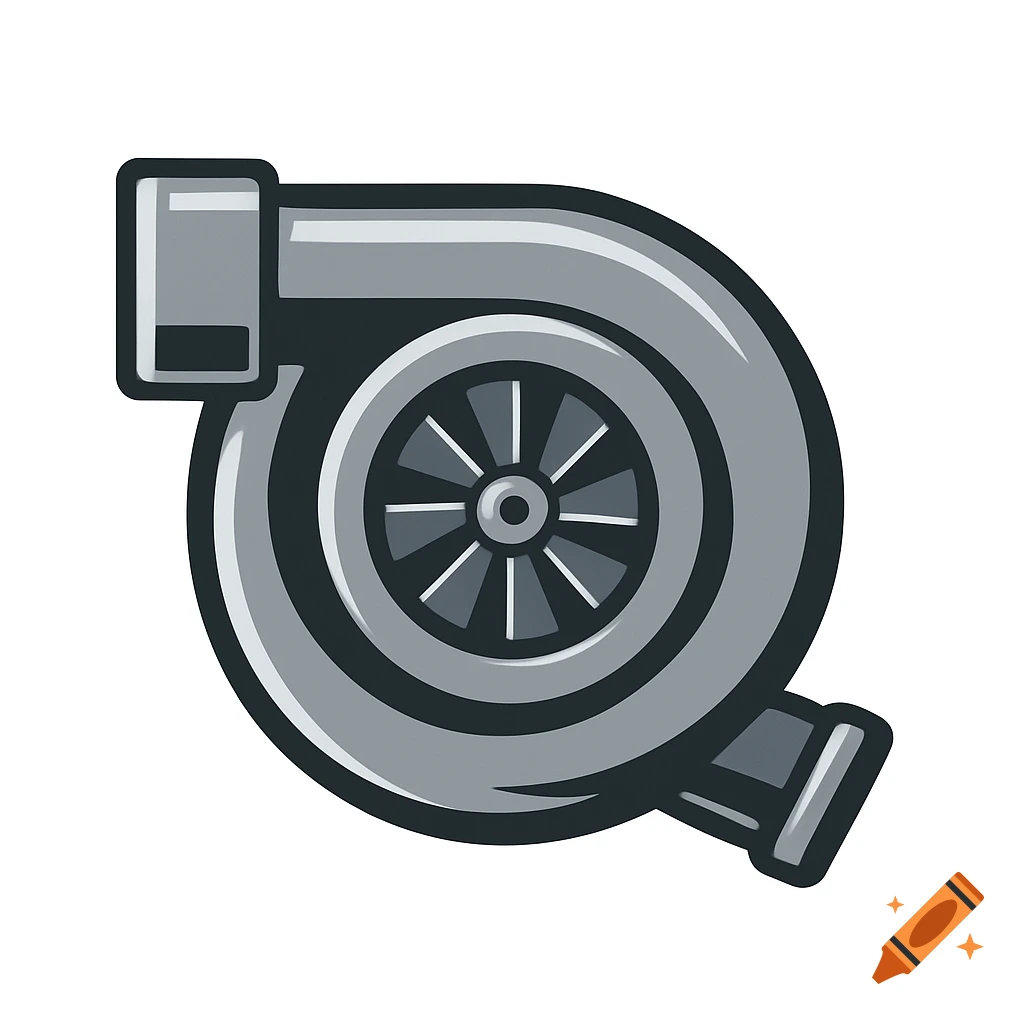 Stylized gray illustration of a turbocharger with an inlet and outlet.