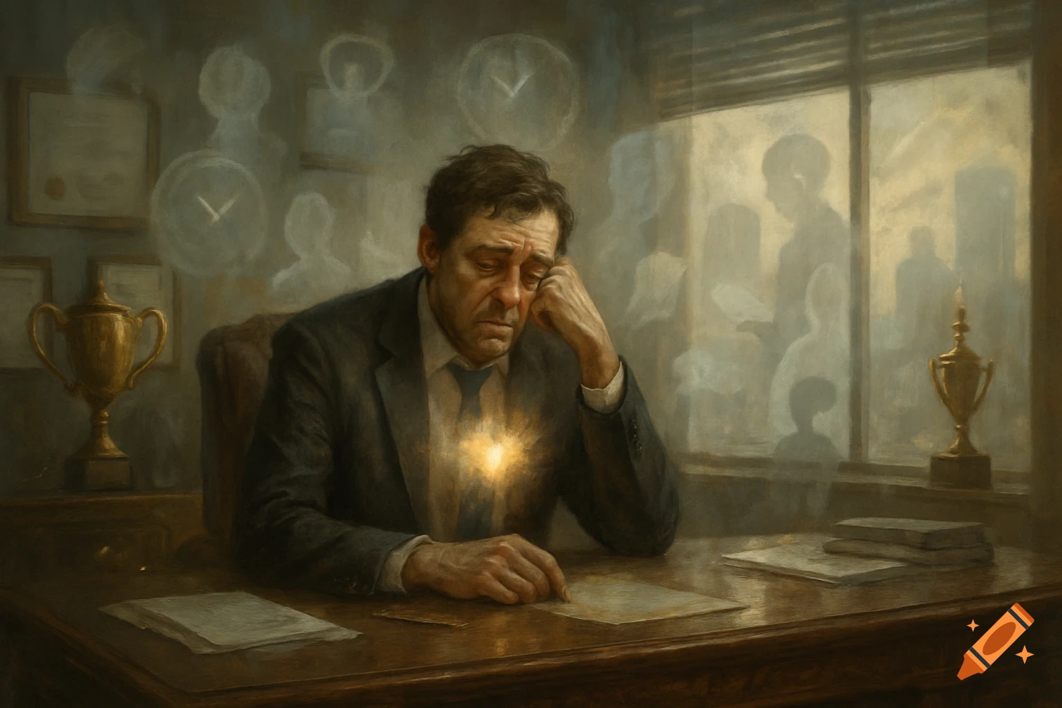 A distressed man in a suit sits at an office desk with a glowing heart, surrounded by ghostly figures and clocks in a painterly style.