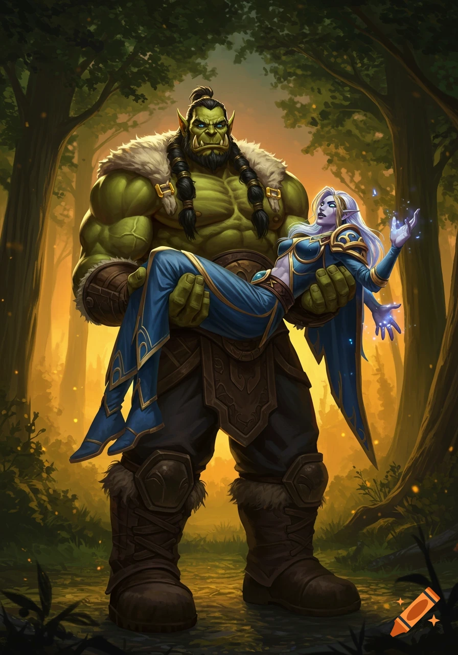 A muscular green orc carries a pale, blue-robed woman through a sunlit fantasy forest in digital painting style.