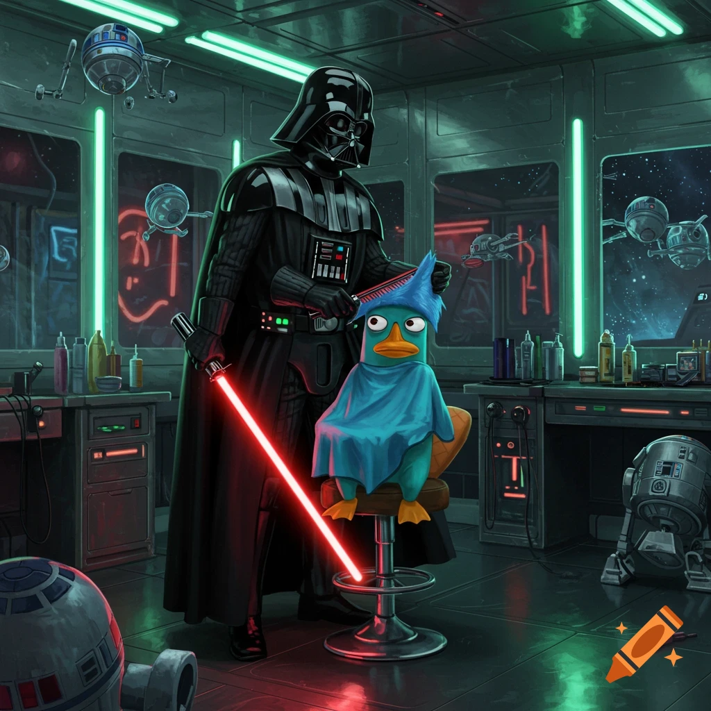 Darth Vader combs Perry the Platypus's hair in a sci-fi barbershop filled with droids, set against a backdrop of space.