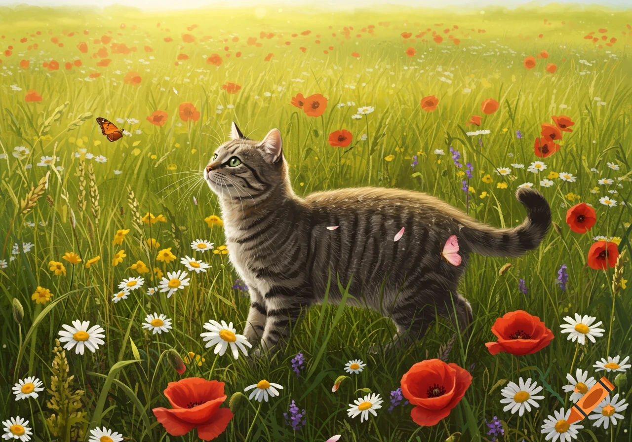 A tabby cat looks up at a butterfly in a sunny, vibrant field of red poppies and white daisies.