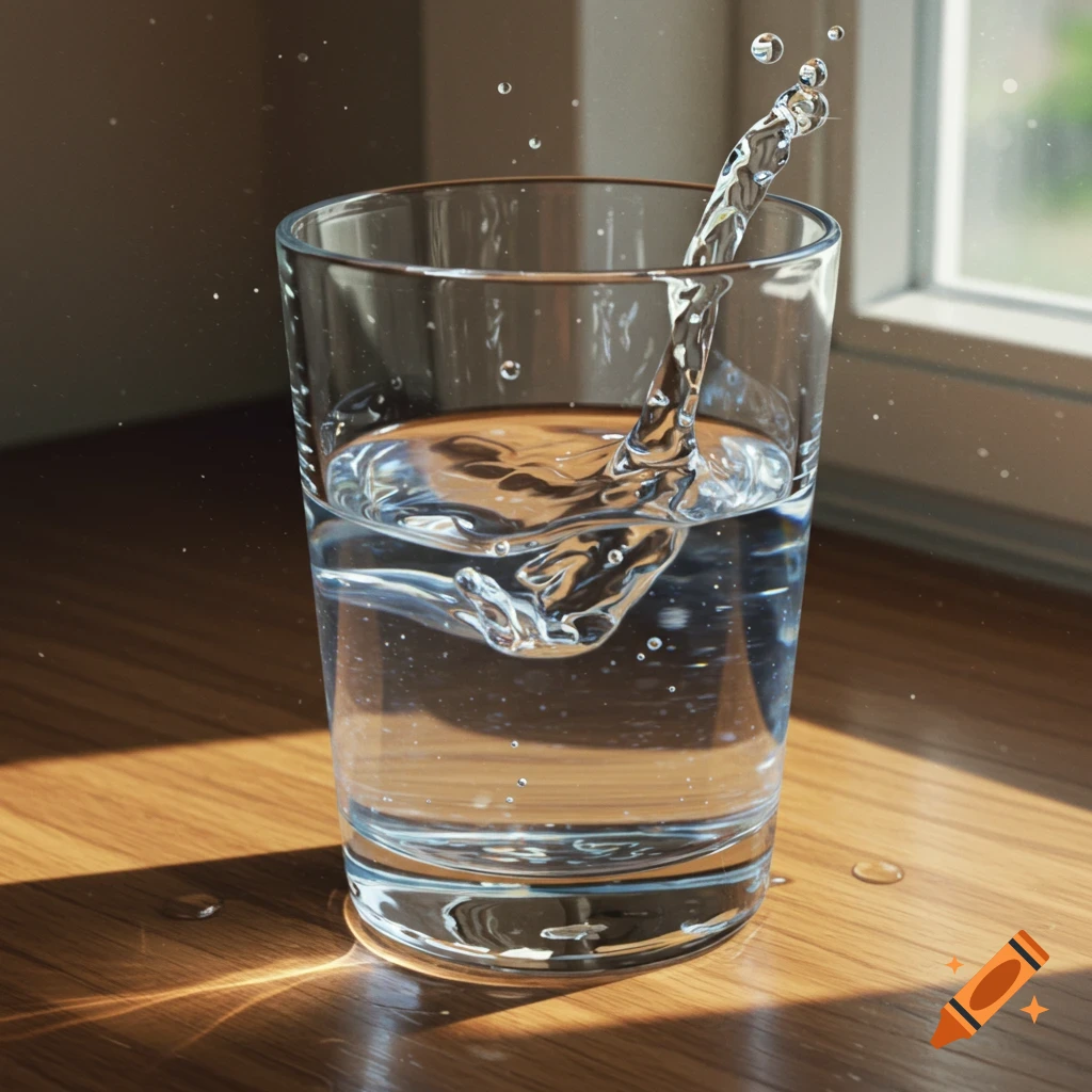 A clear glass of water with a splash, sitting on a sunlit wooden table next to a window.