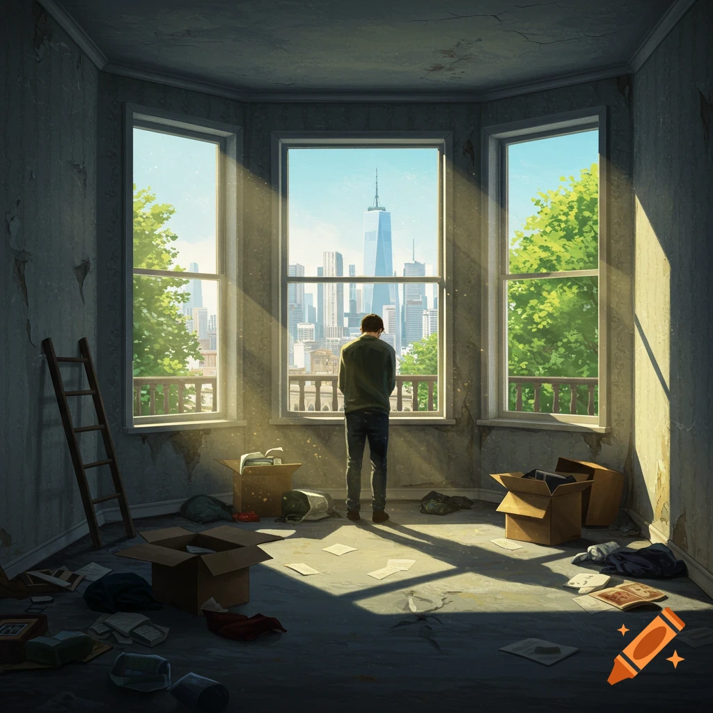 A man stands in a sunlit, messy room with cardboard boxes and papers on the floor, looking out bay windows at a city skyline featuring a prominent skyscraper.