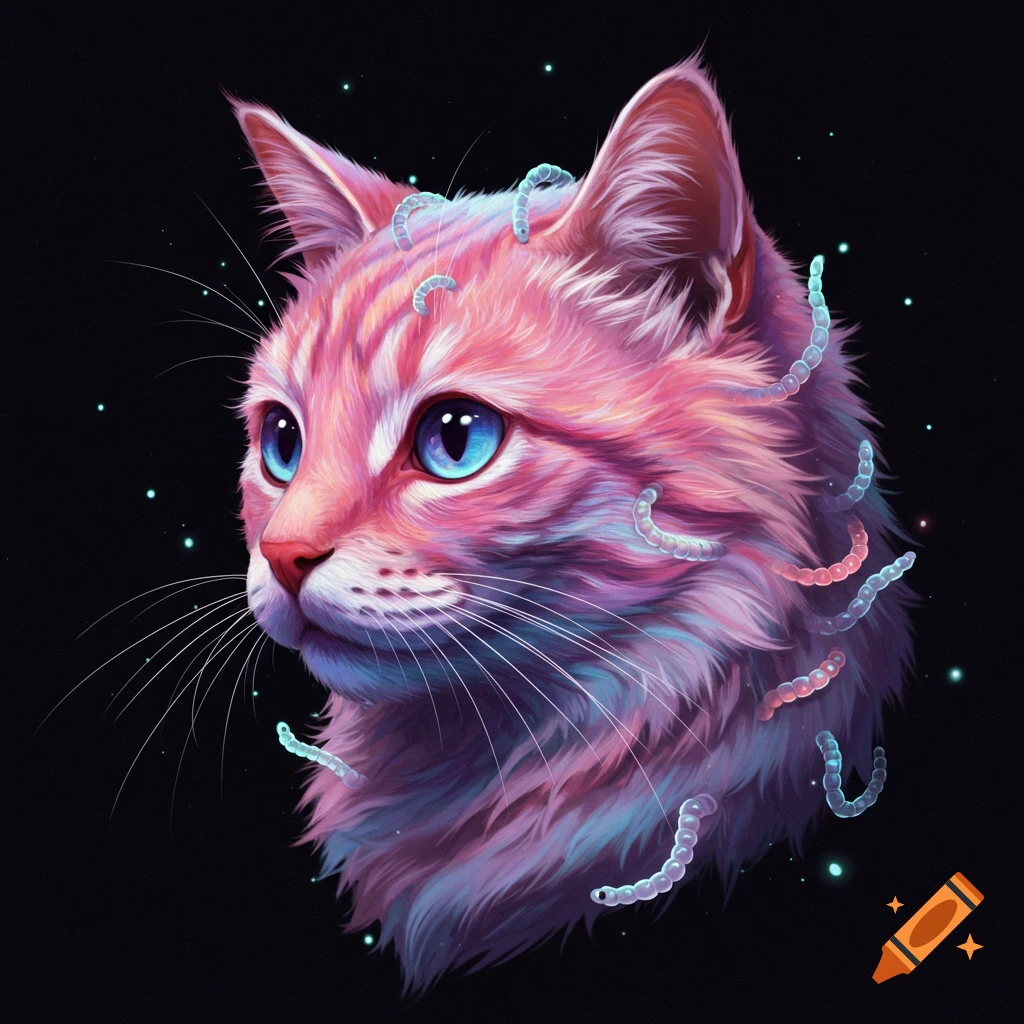 A vibrant, surreal cat head with pink and blue fur and bright blue eyes, featuring glowing worm-like elements against a dark background.