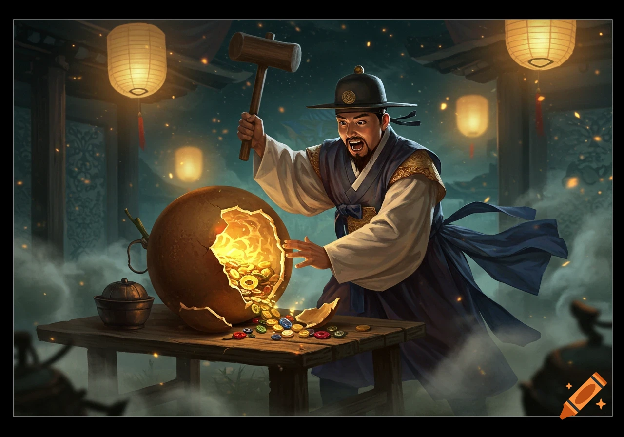 A man in traditional Korean attire breaks a large gourd with a mallet, spilling gold coins. Lit by lanterns, rich digital painting.