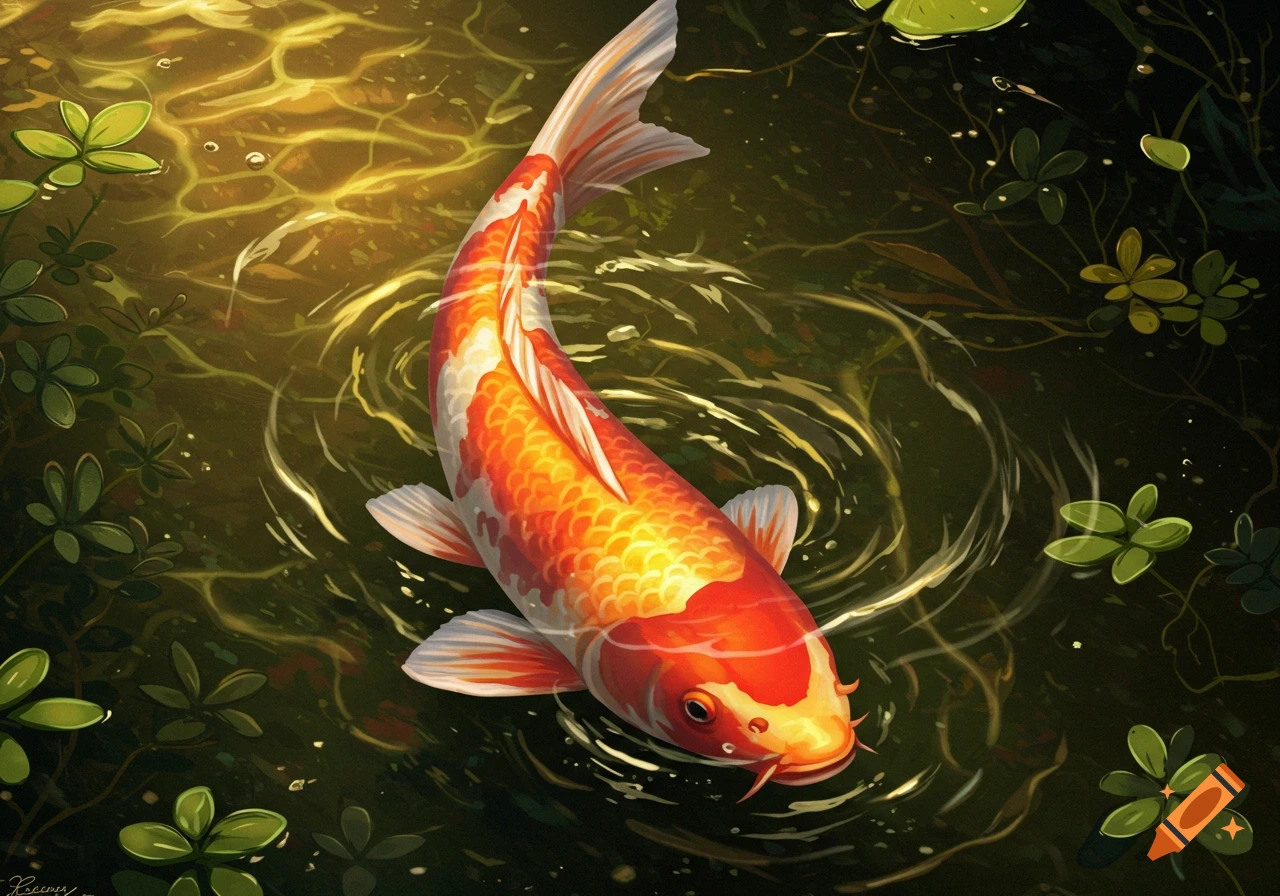 Vibrant orange and white koi fish swims in a sunlit pond with green plants, digital illustration.