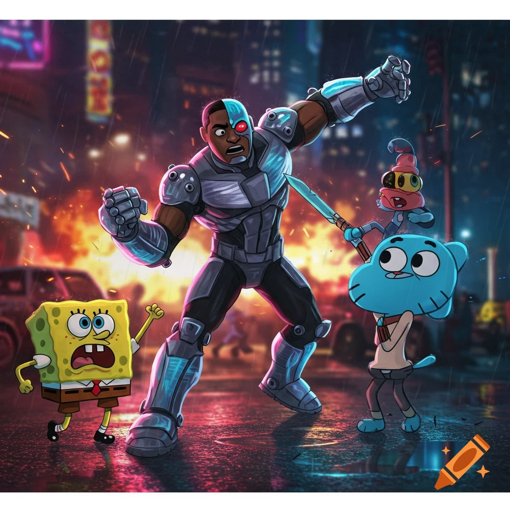 Cyborg battles Gumball, who wields a sword, while a shocked Spongebob watches in a rainy, neon-lit city.