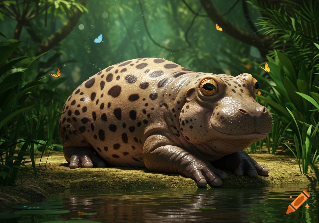 A photorealistic frog-hippo hybrid with cheetah spots sits by a jungle stream, with butterflies.