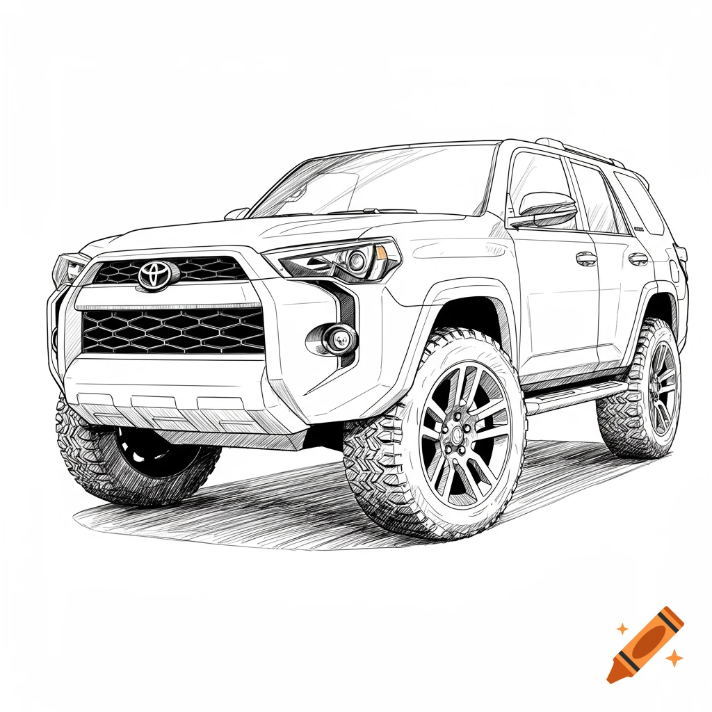 Black and white line drawing of a lifted Toyota 4Runner SUV seen from the front quarter angle.