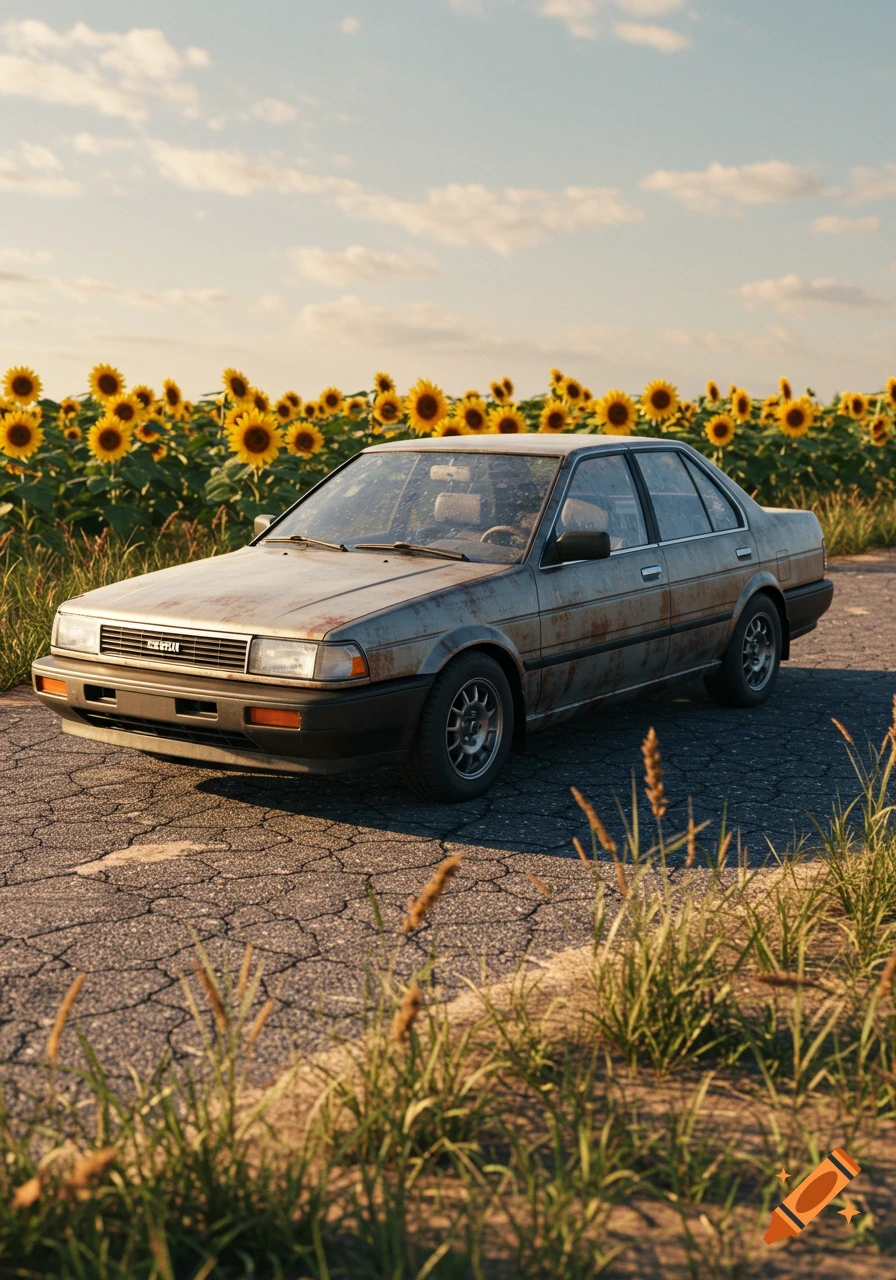 Rusty old sedan on a cracked road next to a sunflower field under a partly cloudy sky, photorealistic.