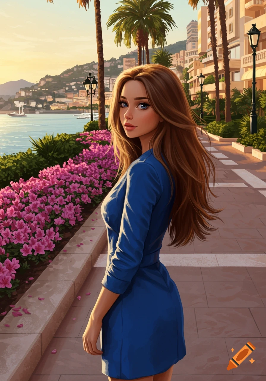 Illustrated portrait of a girl in a blue dress looking over her shoulder on a promenade with flowers, palm trees, and the sea at sunset.