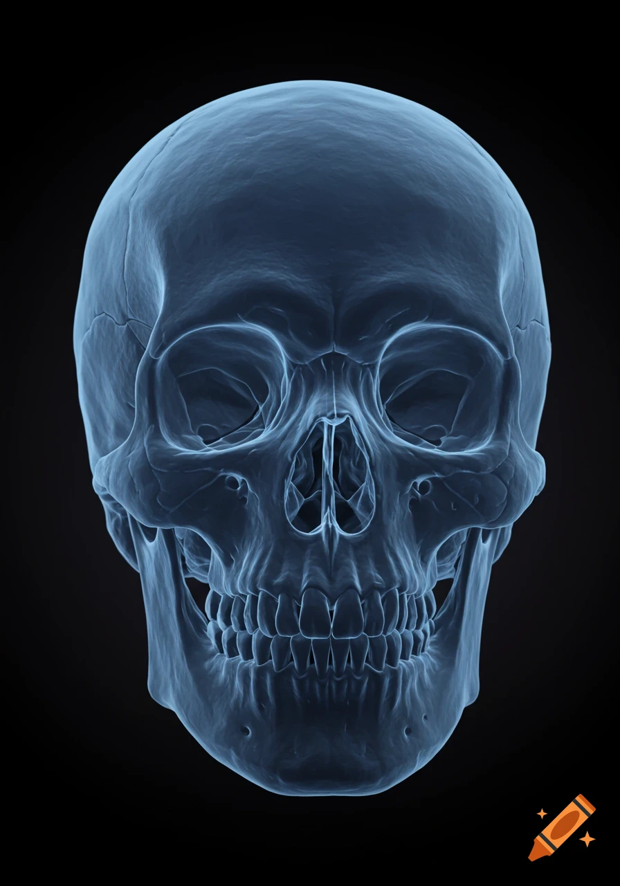 A detailed blue-tinted X-ray of a human skull against a dark background, viewed from the front.