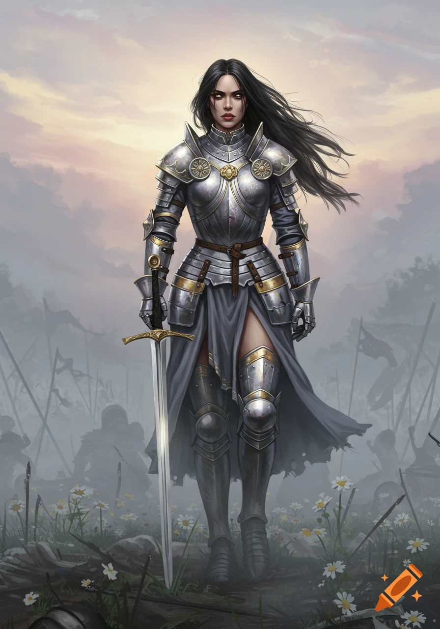 A female warrior in detailed silver and gold armor stands on a misty battlefield with daisies, holding a large sword.
