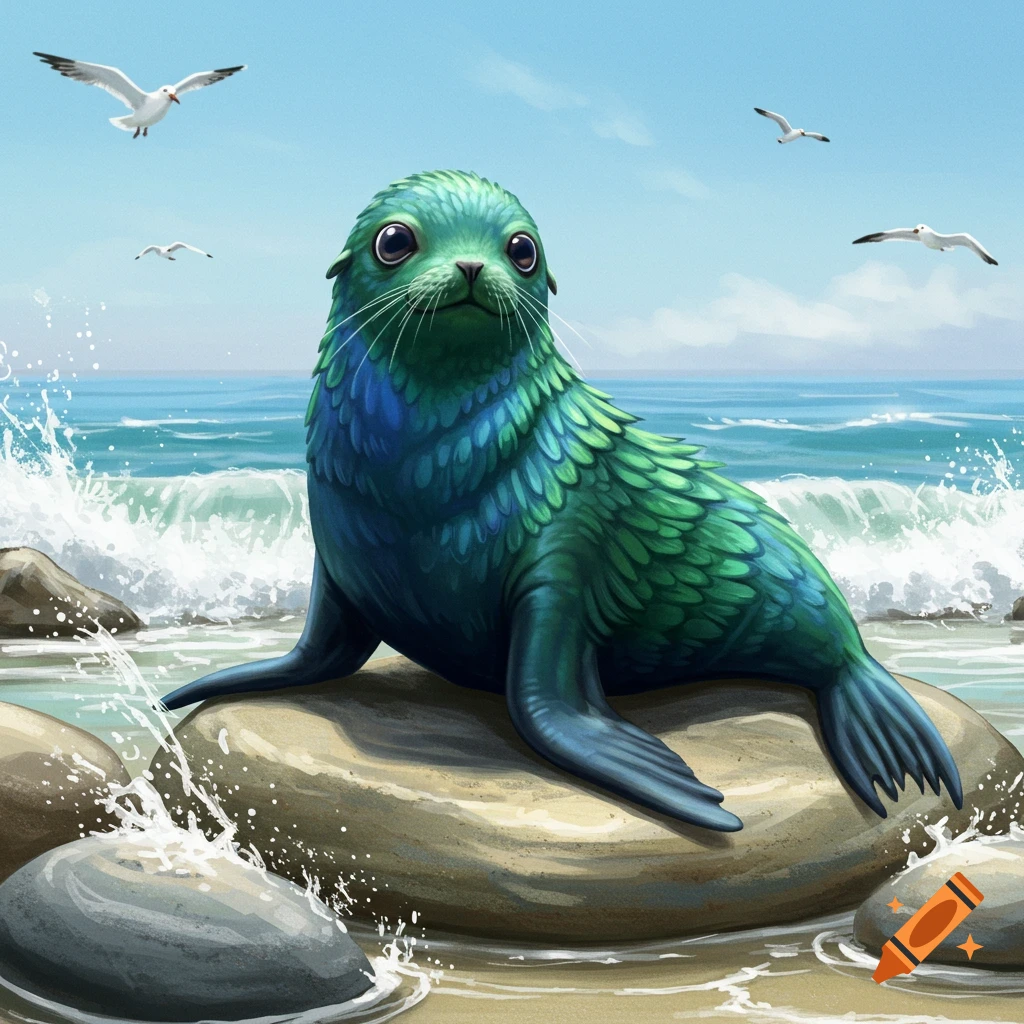 A stylized green and blue seal-like creature with feather-like fur sits on a rock on a sandy beach with ocean waves and seagulls flying.