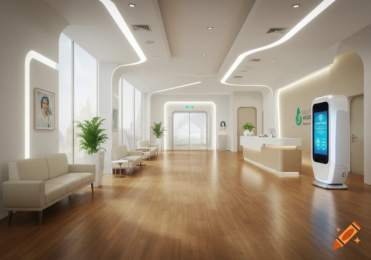 Photorealistic image of a bright, modern clinic waiting room with white walls, wood floor, cream couches, and a reception desk.