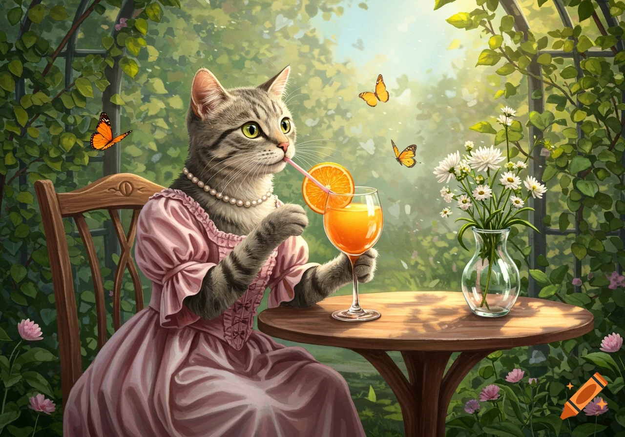 A tabby cat in a pink dress and pearl necklace sips orange juice with a straw at a wooden table in a lush garden with butterflies, digital painting.