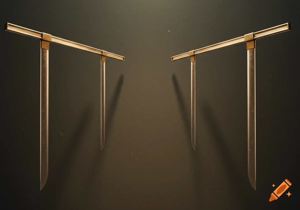 Two symmetrical, golden T-shaped metallic structures with pointed ends against a dark, textured background.