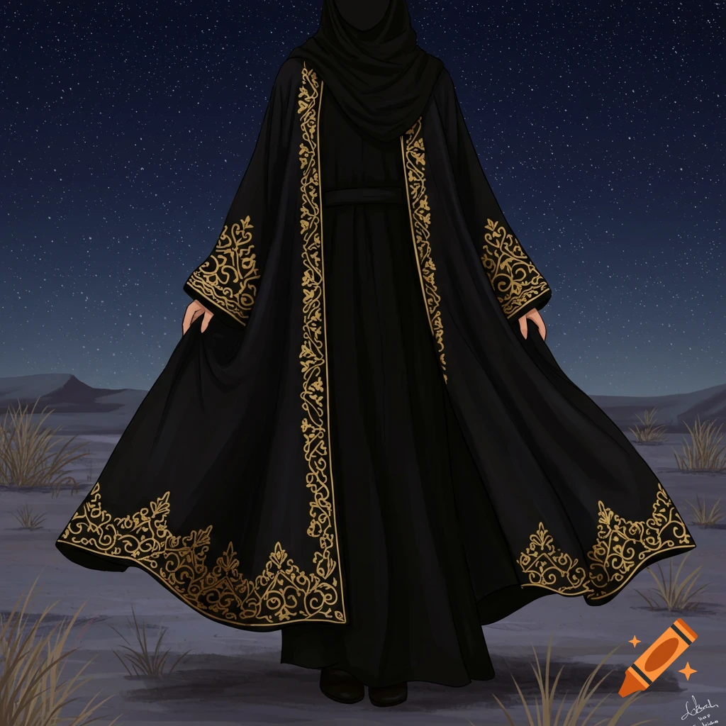Digital art of a person in a black abaya with gold embroidery, standing in a desert under a starry night sky.