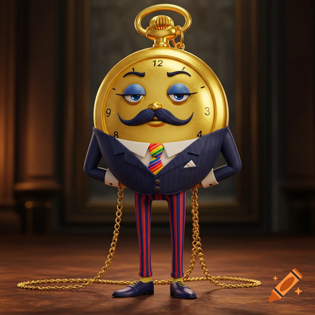 A dapper anthropomorphic gold pocket watch character with a mustache, blue eyeshadow, a rainbow tie, and striped pants stands in a grand room.