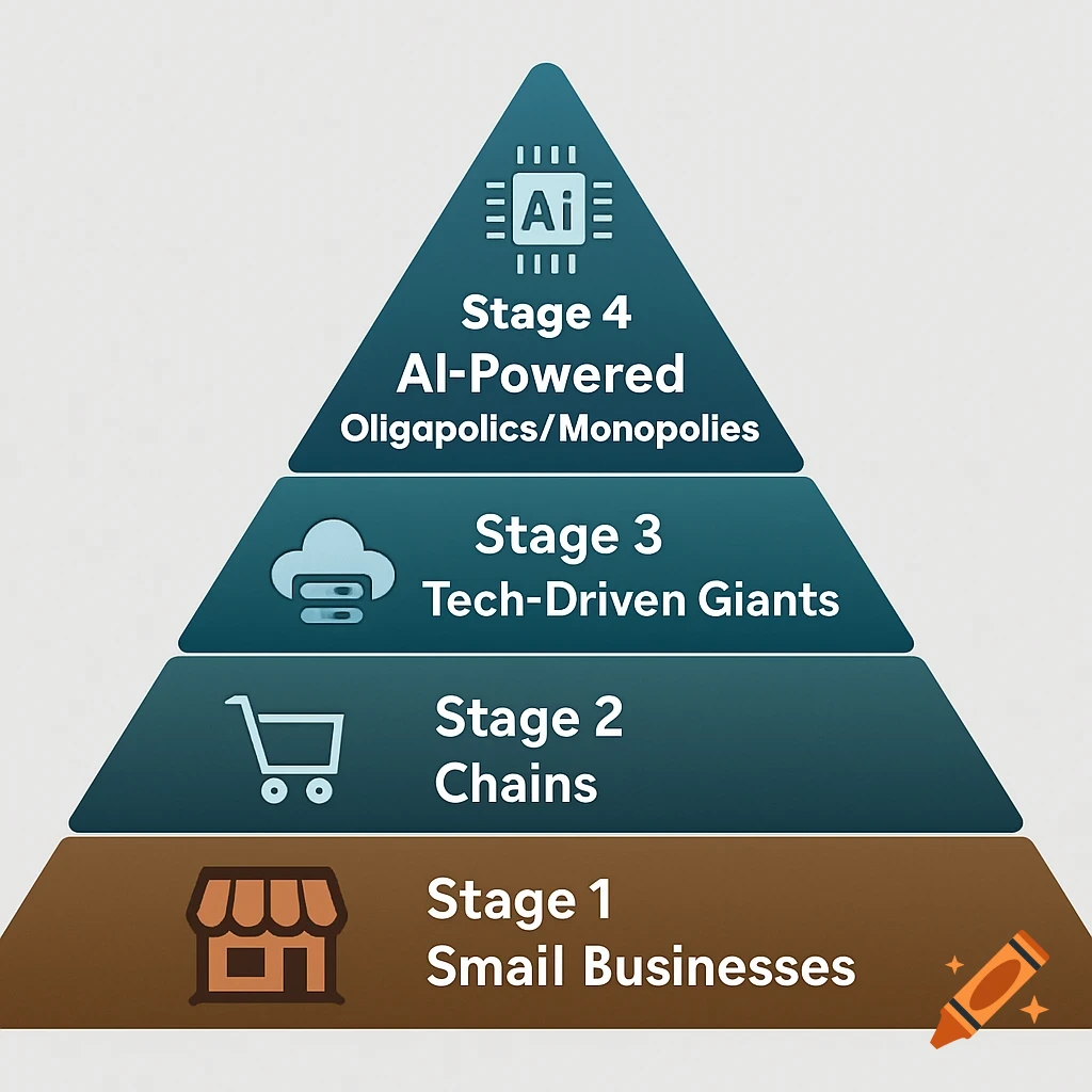 Pyramid infographic depicting four stages of business growth: Small Businesses, Chains, Tech-Driven Giants, and AI-Powered Oligapolies/Monopolies.