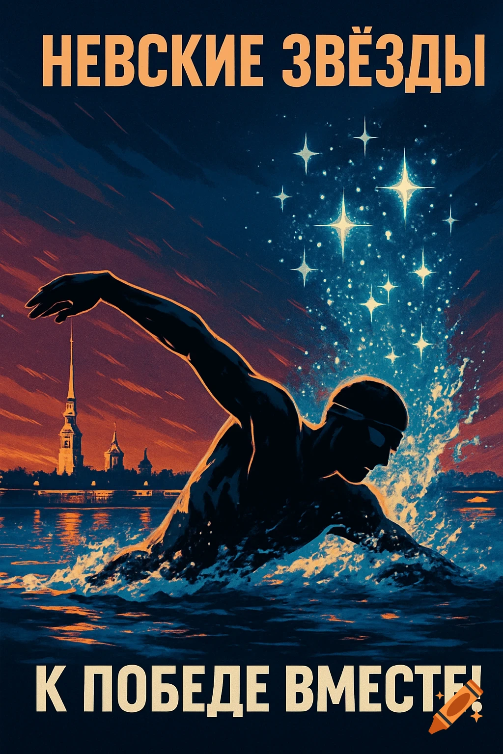 A stylized poster depicts a swimmer in the foreground, splashing water with stars, against a night cityscape with text in Cyrillic.