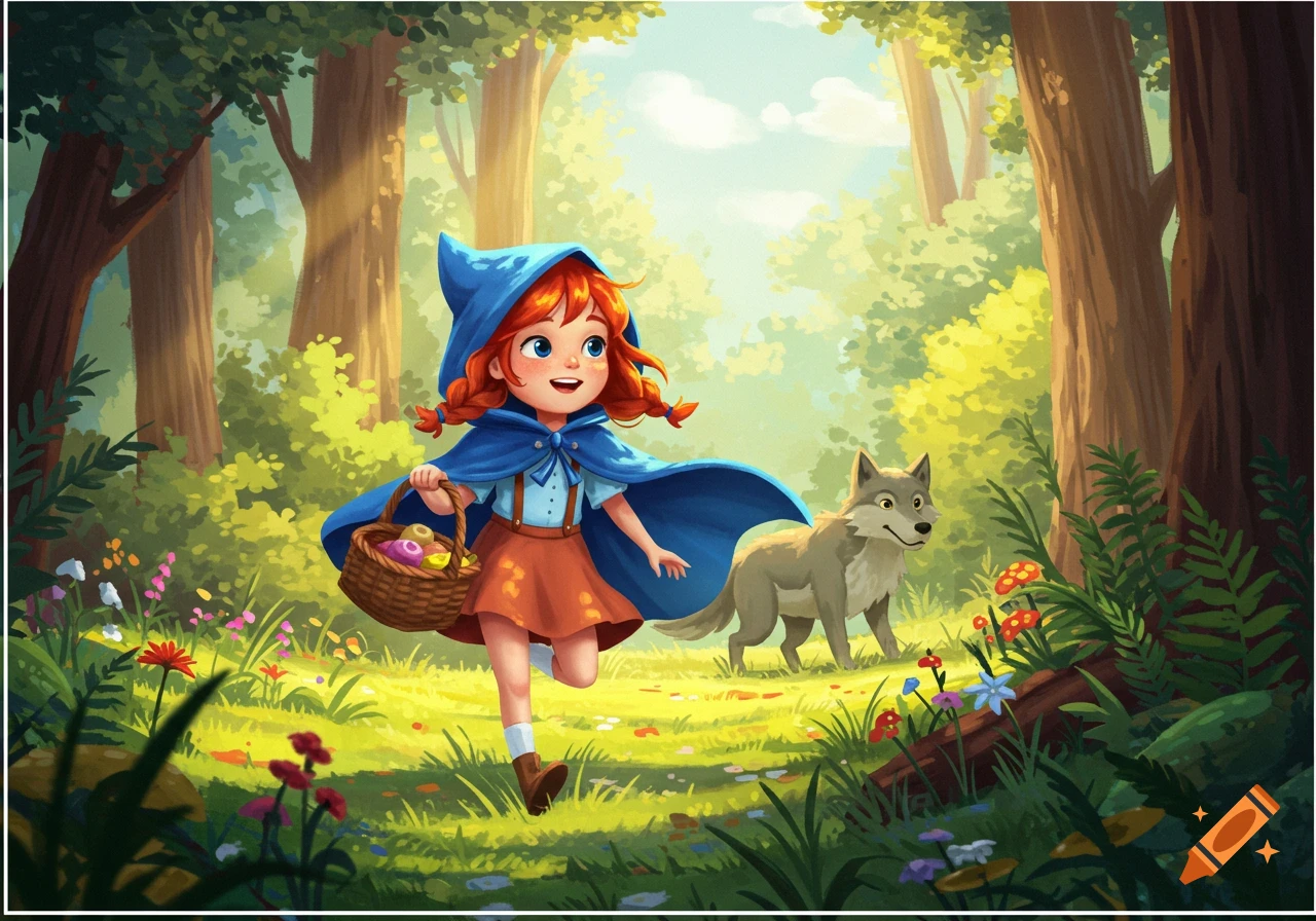 A happy cartoon girl in a blue hood walks through a sunlit forest carrying a basket, with a wolf following behind her.