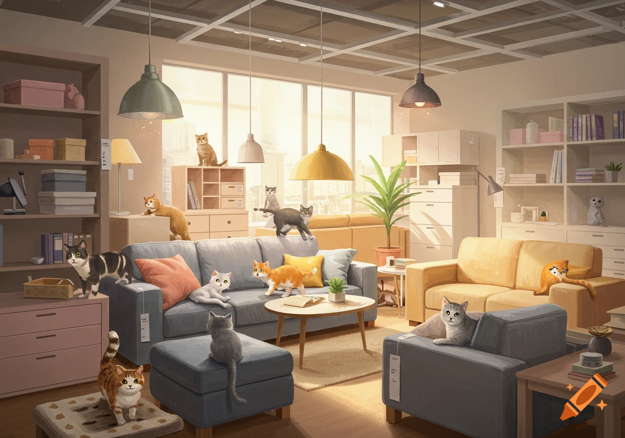 Many cats lounge on modern sofas, shelves, and furniture in a brightly lit showroom resembling an IKEA store.
