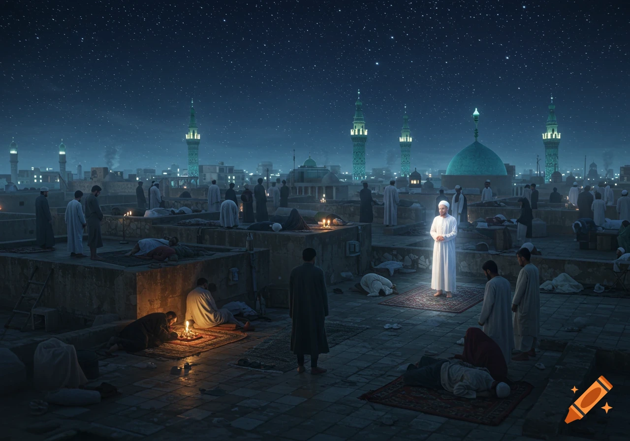 Photorealistic night scene of people on ancient city rooftops, some sleeping, others praying, with a glowing man and illuminated mosque in the background.