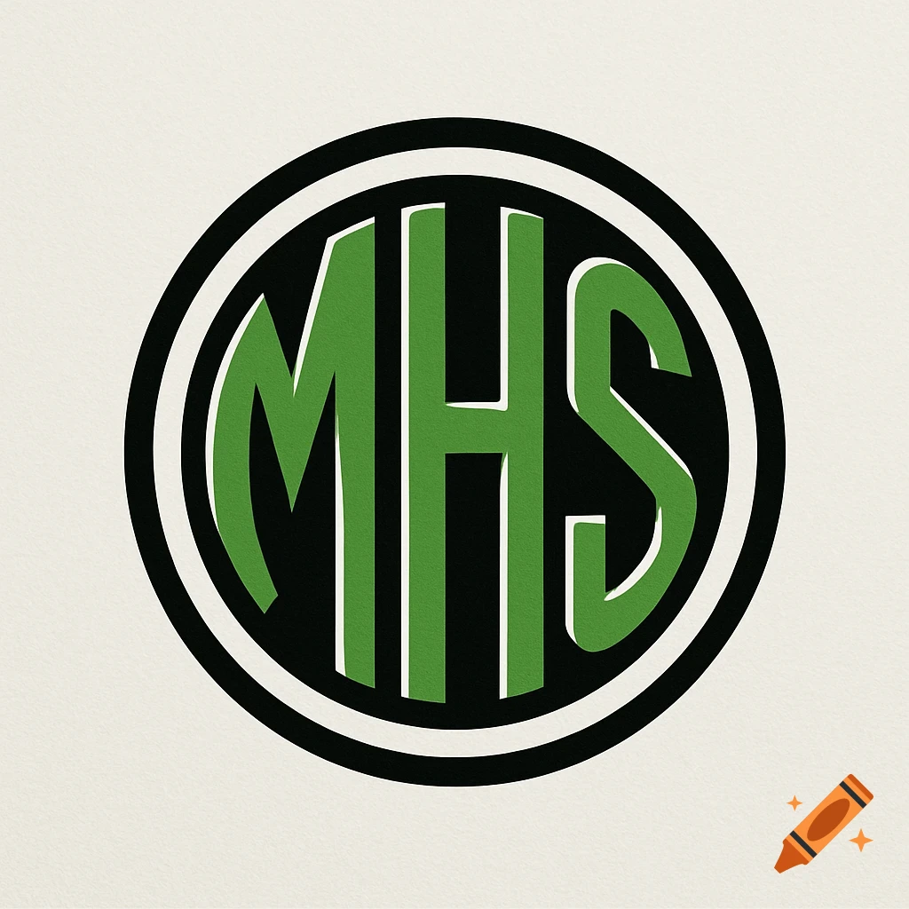 A circular logo with bold green letters MHS on a black background, outlined in white and black, on a cream textured background.