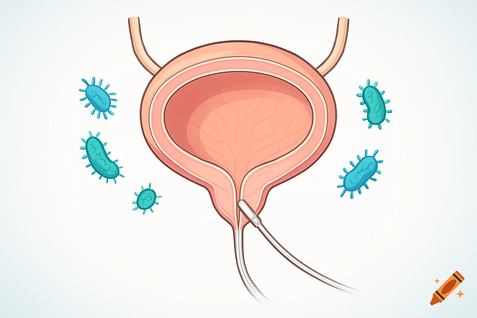 Medical vector illustration of a human bladder with a catheter inserted and bacteria surrounding it.