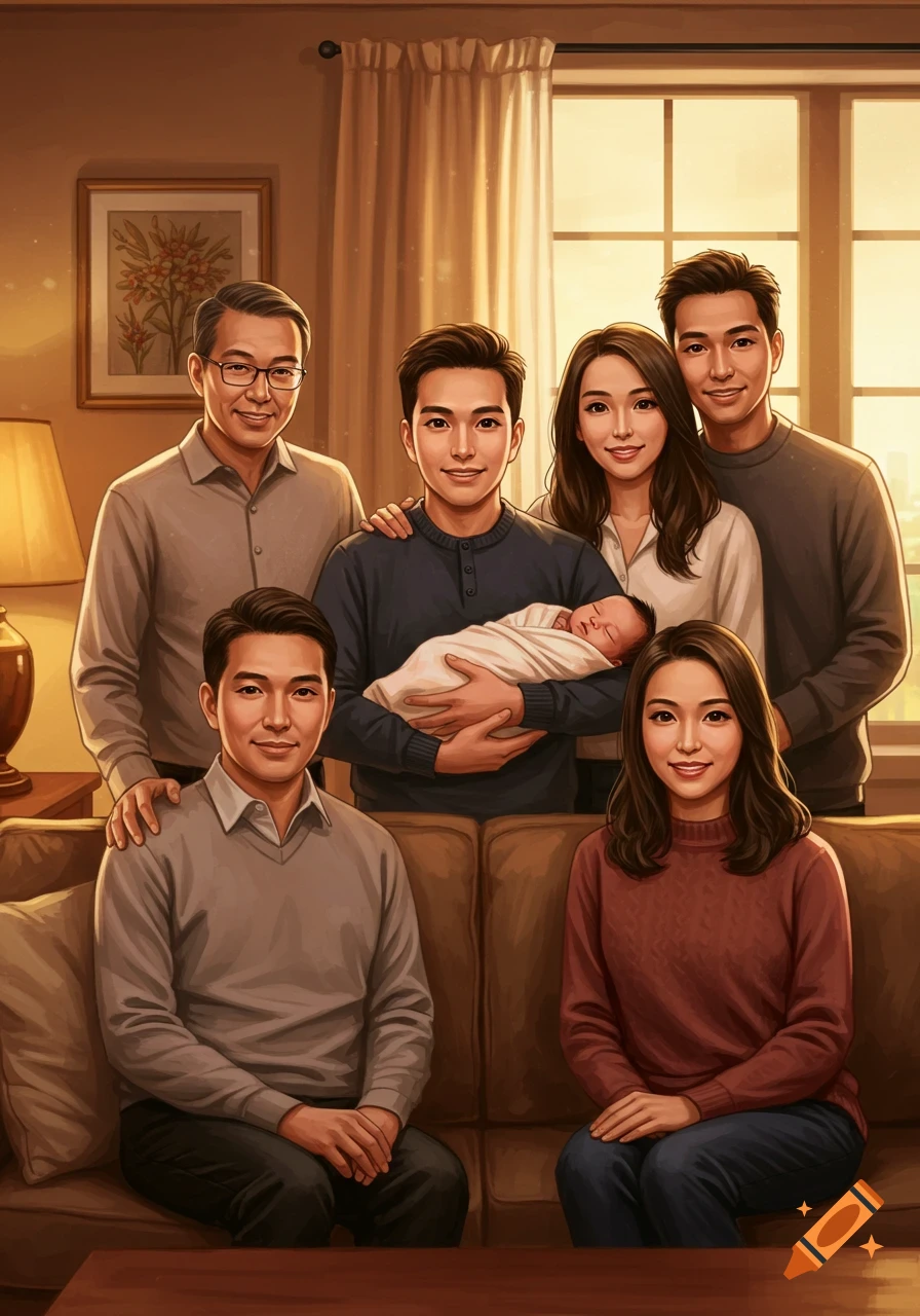 An illustrative family portrait featuring six adults and a baby in a warmly lit living room.