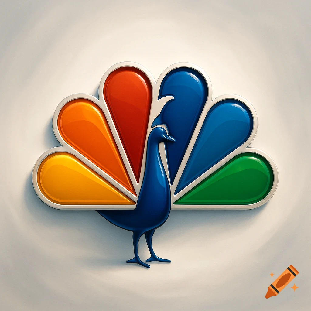3D glossy NBC peacock logo with colorful feather-like shapes against a white background.